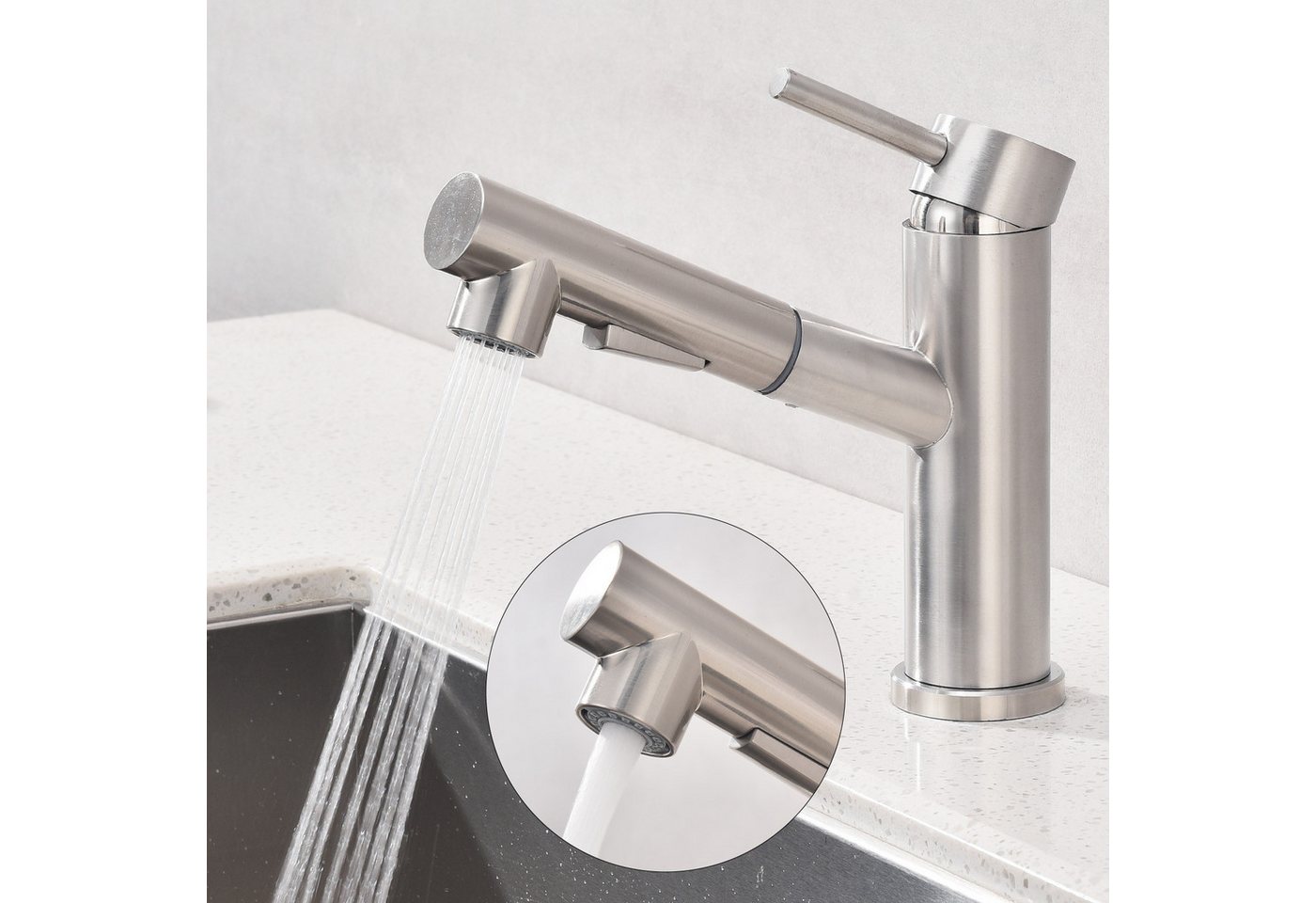 HOMELODY Waschtischarmatur Wasserhahn Ausziehbar Brause Mischbatterie Küche Spültischarmatur ausziehbarer Auslauf,mit 2 Wasserstrahlarten