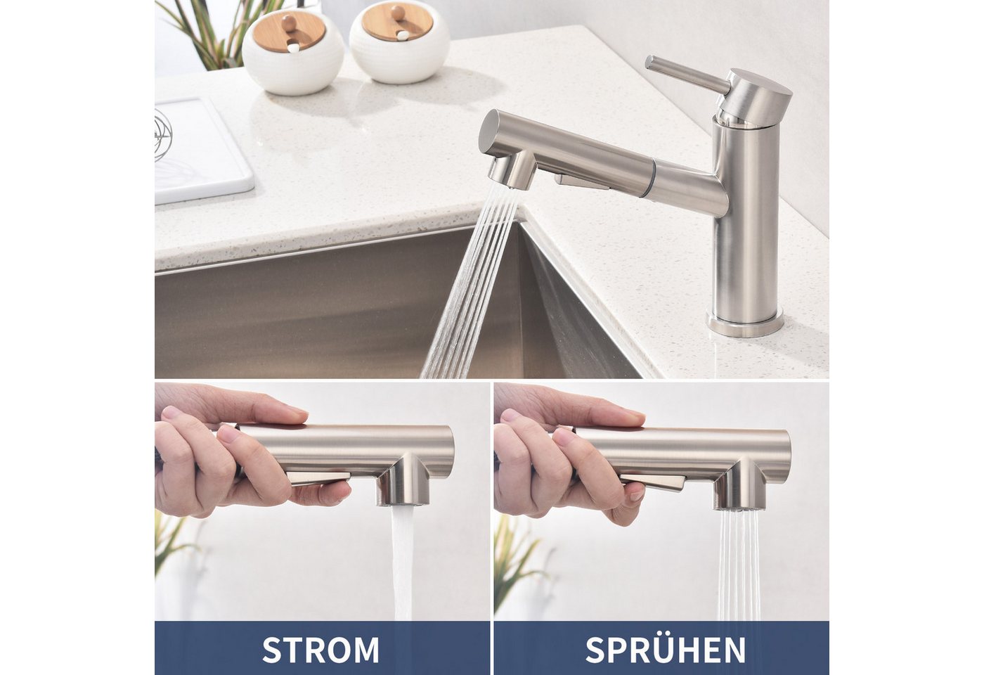 HOMELODY Waschtischarmatur Wasserhahn Ausziehbar Brause Mischbatterie Küche Spültischarmatur ausziehbarer Auslauf,mit 2 Wasserstrahlarten Bild 2