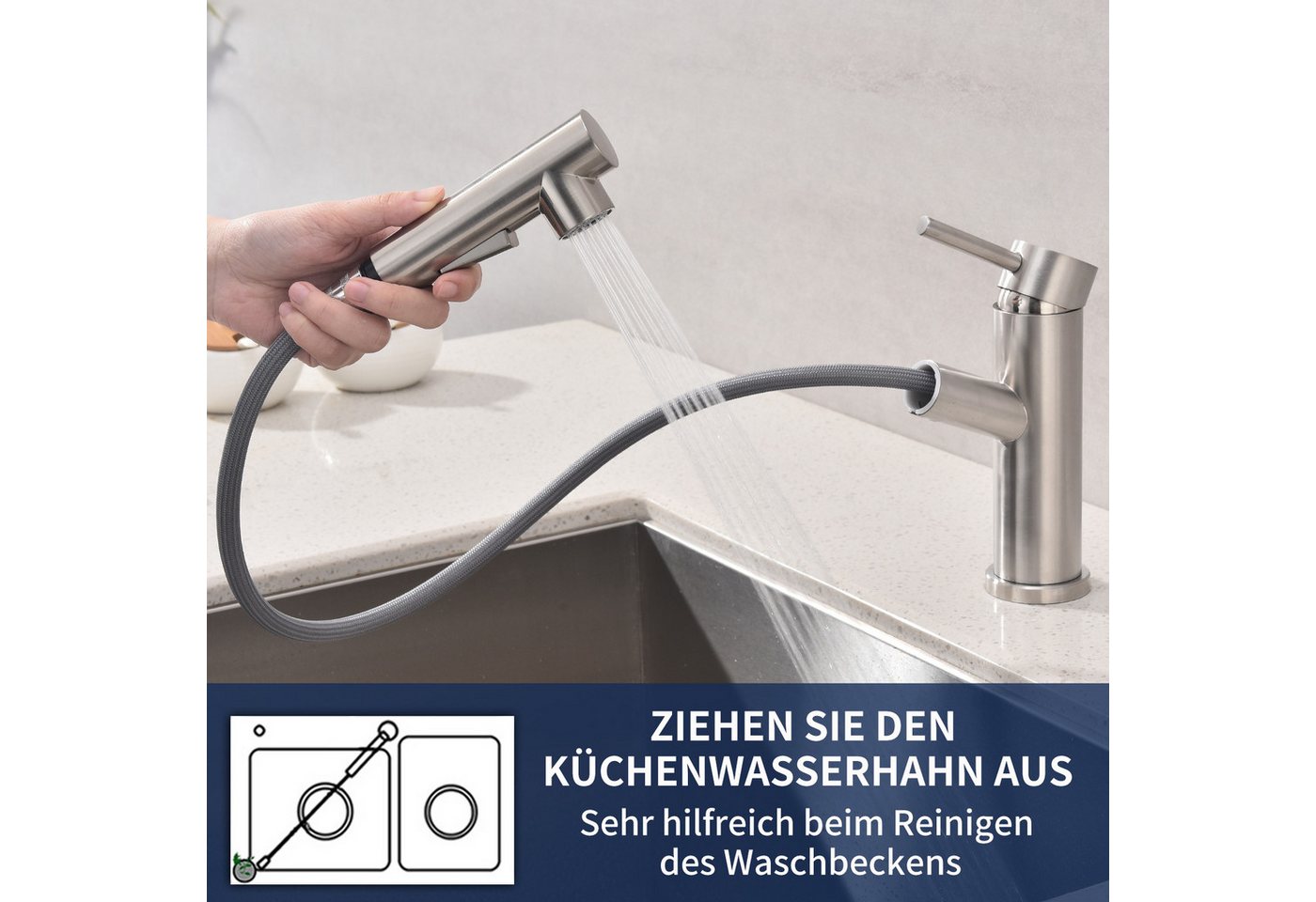 HOMELODY Waschtischarmatur Wasserhahn Ausziehbar Brause Mischbatterie Küche Spültischarmatur ausziehbarer Auslauf,mit 2 Wasserstrahlarten Bild 5