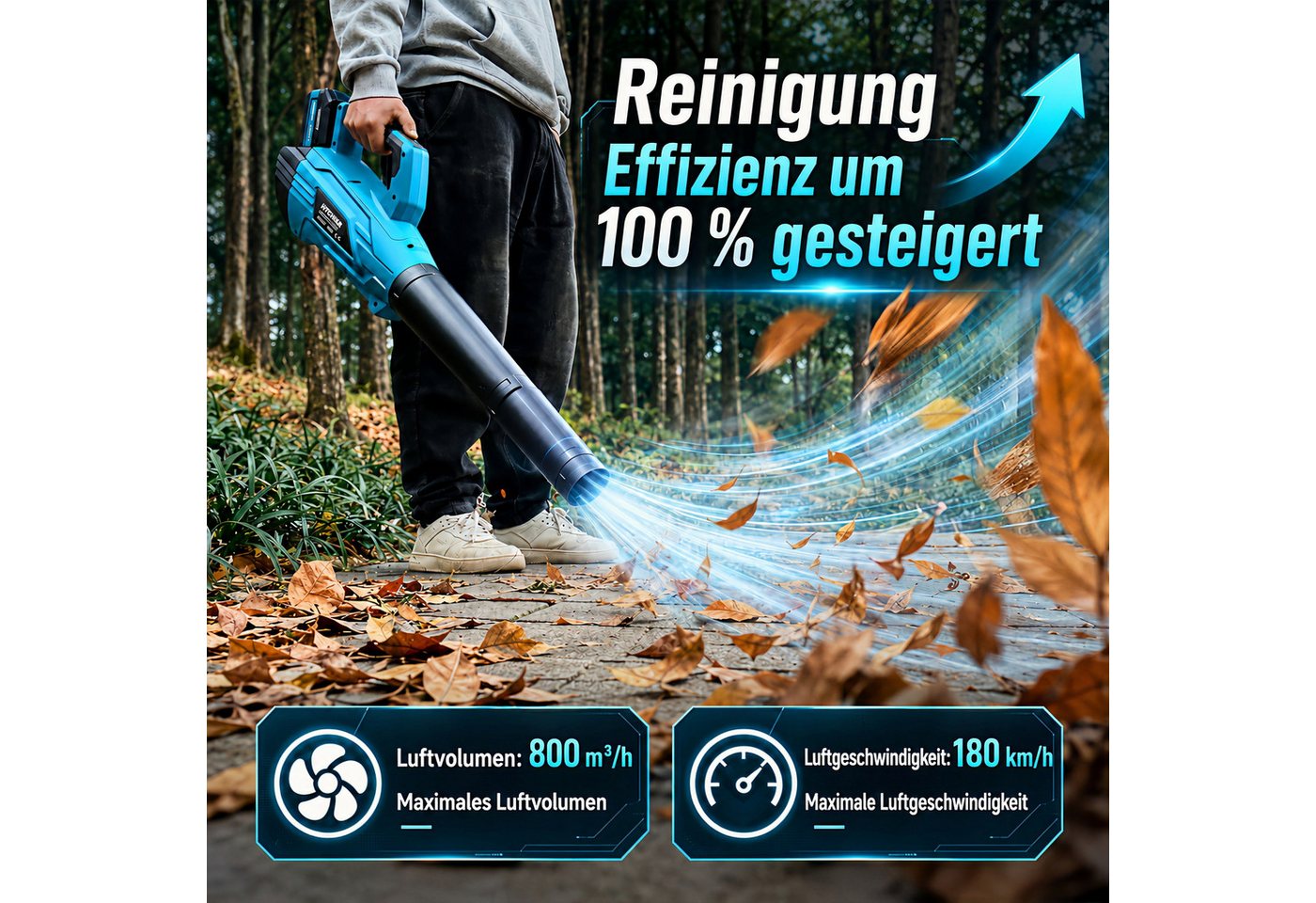 Rinoxar Akku-Laubbläser Akku-Laubbläser 850W 180 km/h mit 2x 5200mAh Akku & Turbo, 5 Stufen, 800 m³/h, bürstenloser Motor, leicht & handlich