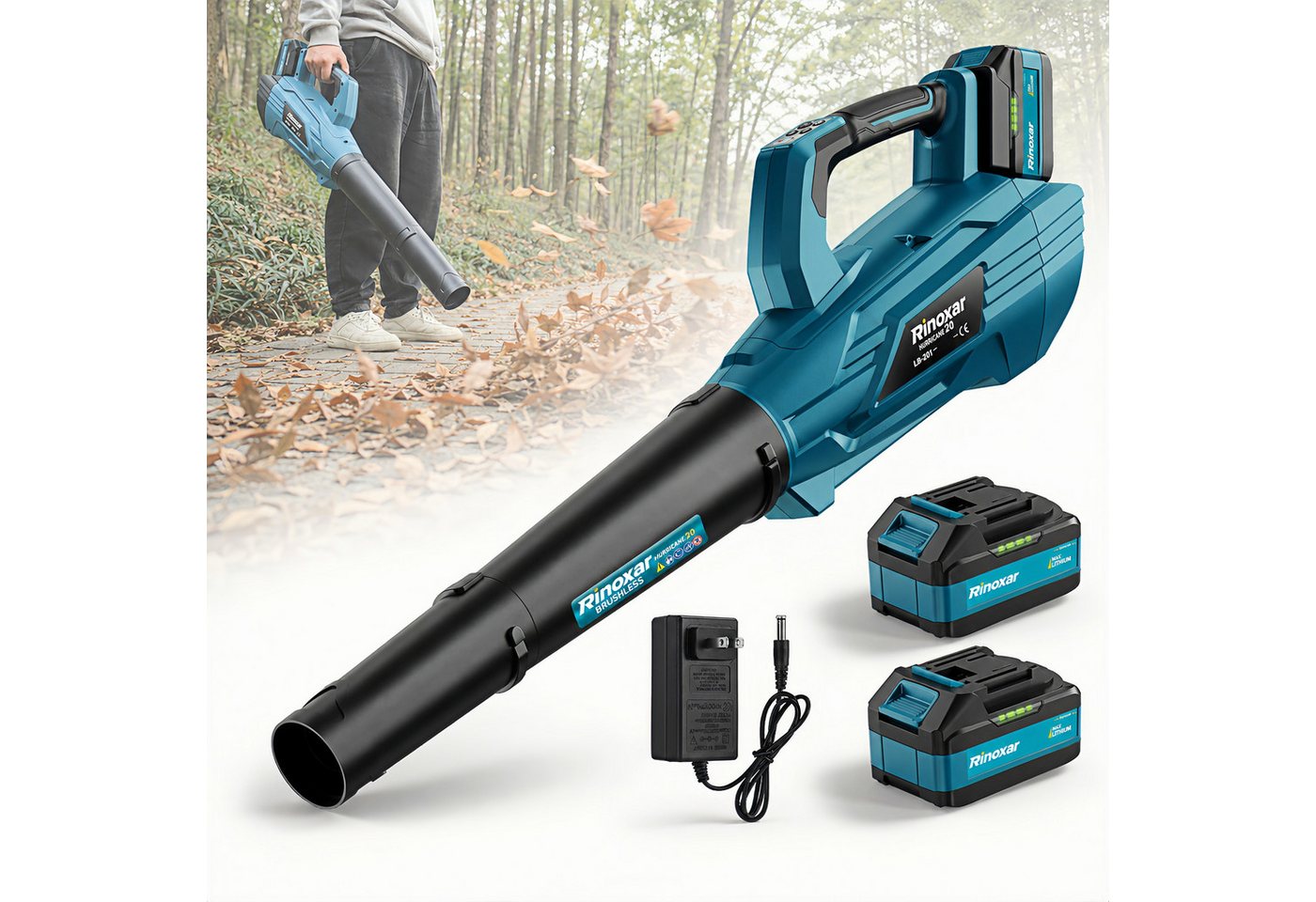 Rinoxar Akku-Laubbläser Akku-Laubbläser 850W 180 km/h mit 2x 5200mAh Akku & Turbo, 5 Stufen, 800 m³/h, bürstenloser Motor, leicht & handlich Bild 3