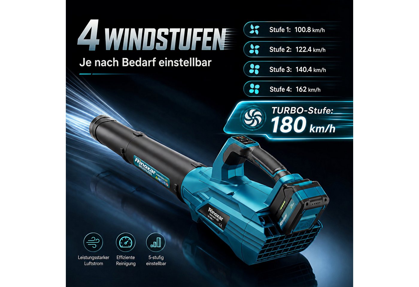 Rinoxar Akku-Laubbläser Akku-Laubbläser 850W 180 km/h mit 2x 5200mAh Akku & Turbo, 5 Stufen, 800 m³/h, bürstenloser Motor, leicht & handlich Bild 4