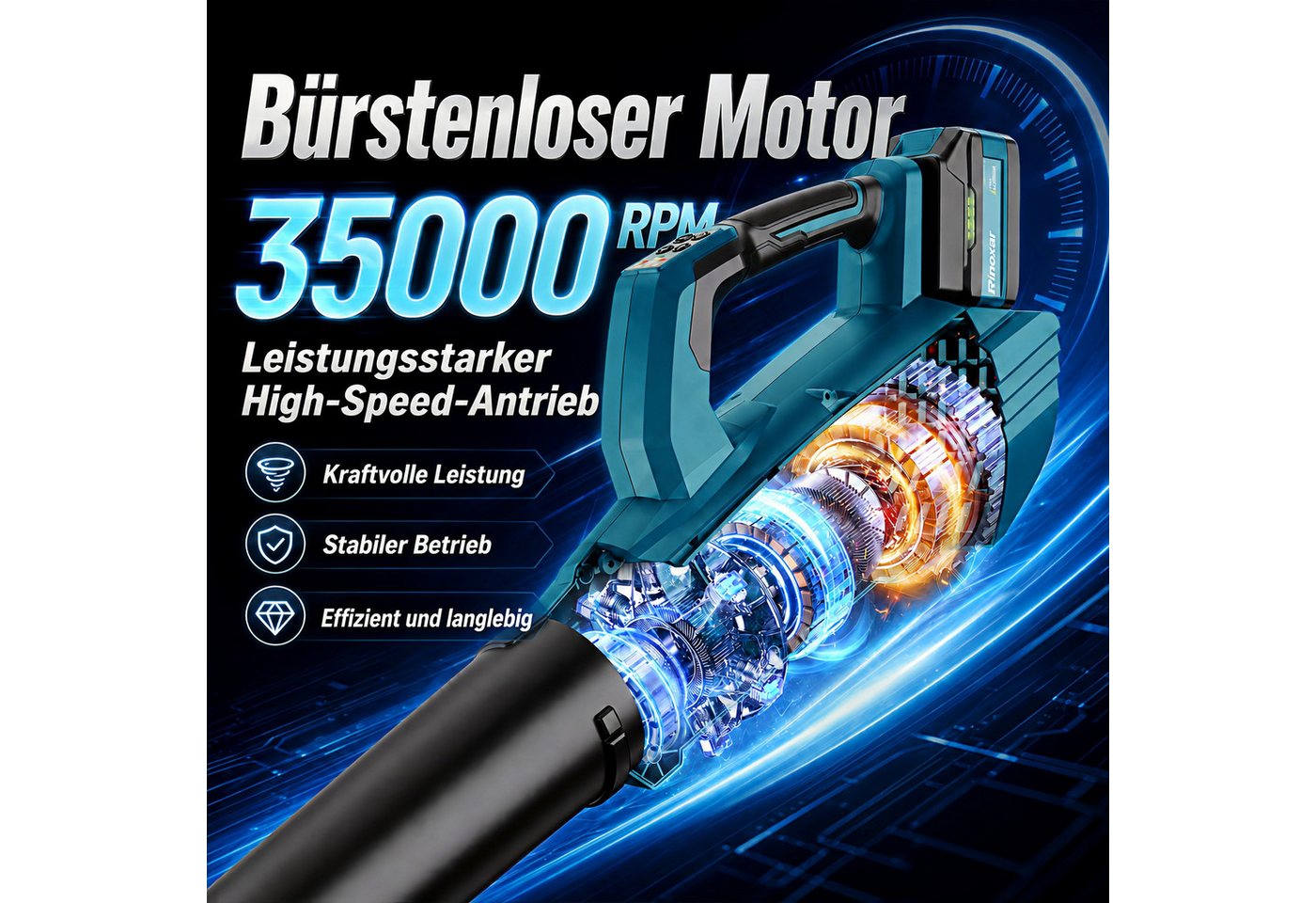Rinoxar Akku-Laubbläser Akku-Laubbläser 850W 180 km/h mit 2x 5200mAh Akku & Turbo, 5 Stufen, 800 m³/h, bürstenloser Motor, leicht & handlich Bild 5
