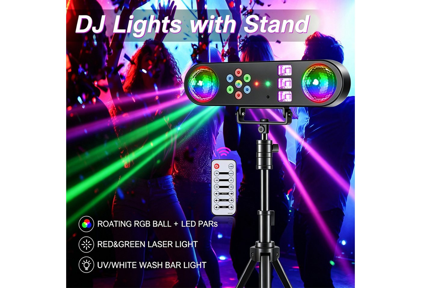 ZonQoonz Discolicht 30W 5-in-1-Mini-DJ-Scheinwerfer-Set – mit Stativ und Fernbedienung Bild 3