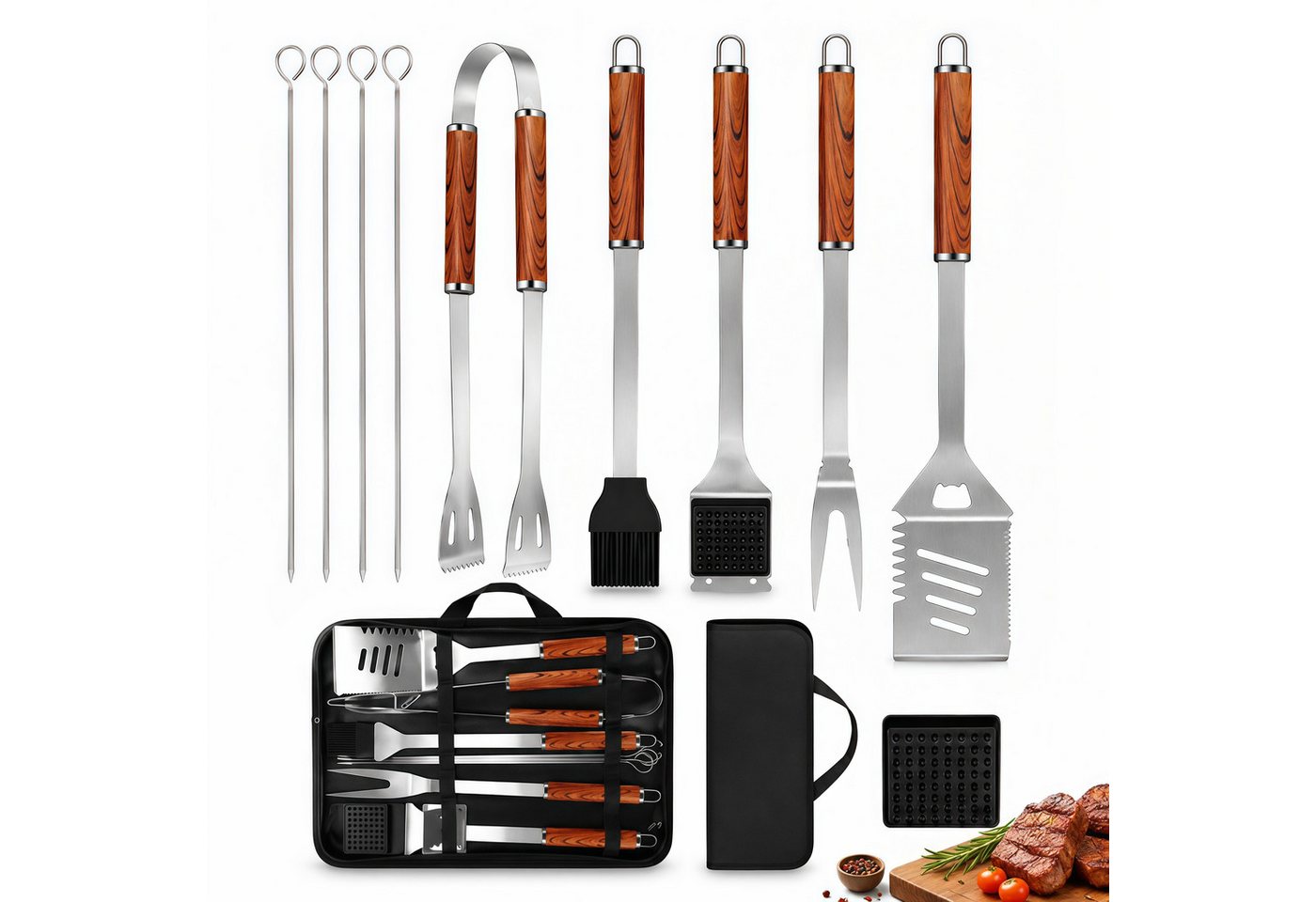Forrlite Grillbesteck-Set 11-teiliges Grill Zubehör BBQ Grillbesteck Set aus Edelstahl, (hochwertiges Grillutensilien Set mit Grillkoffer, hitzebeständige, Grillwerkzeuge mit Grillspachtel für Garten und Camping), Geschenk zum Geburtstag für Männer und Papa Bild 3
