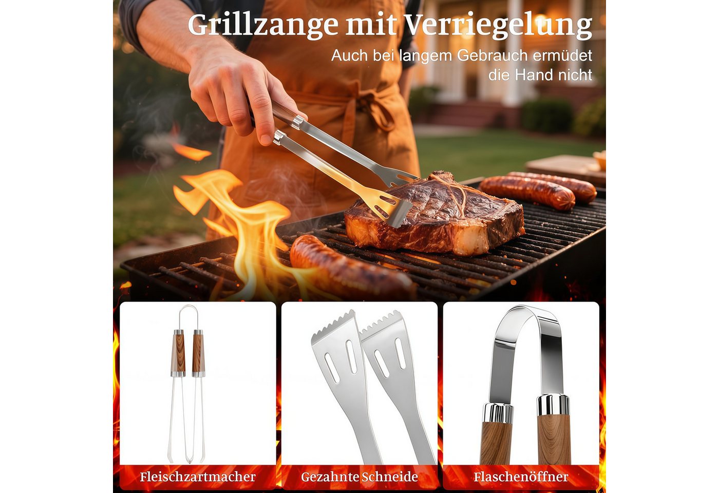 Forrlite Grillbesteck-Set 11-teiliges Grill Zubehör BBQ Grillbesteck Set aus Edelstahl, (hochwertiges Grillutensilien Set mit Grillkoffer, hitzebeständige, Grillwerkzeuge mit Grillspachtel für Garten und Camping), Geschenk zum Geburtstag für Männer und Papa Bild 5