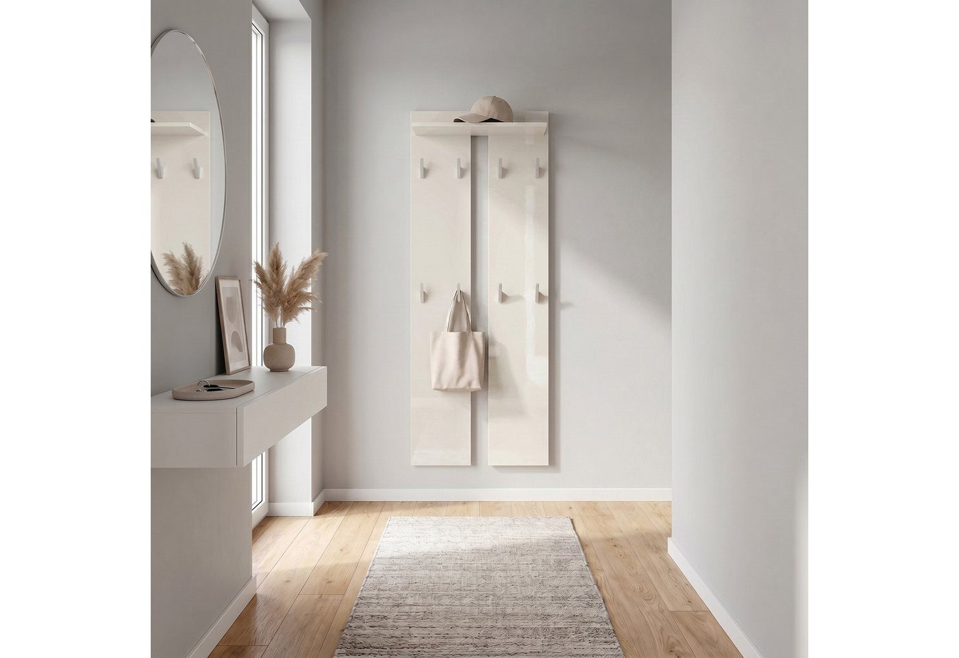 Vladon Garderobenpaneel Wandpaneel 170 (Garderobenpaneel, bestehend aus 2 Paneelen und 1 Ablagefläche), Creme Hochglanz (57 x 170 x 20 cm) Bild 2