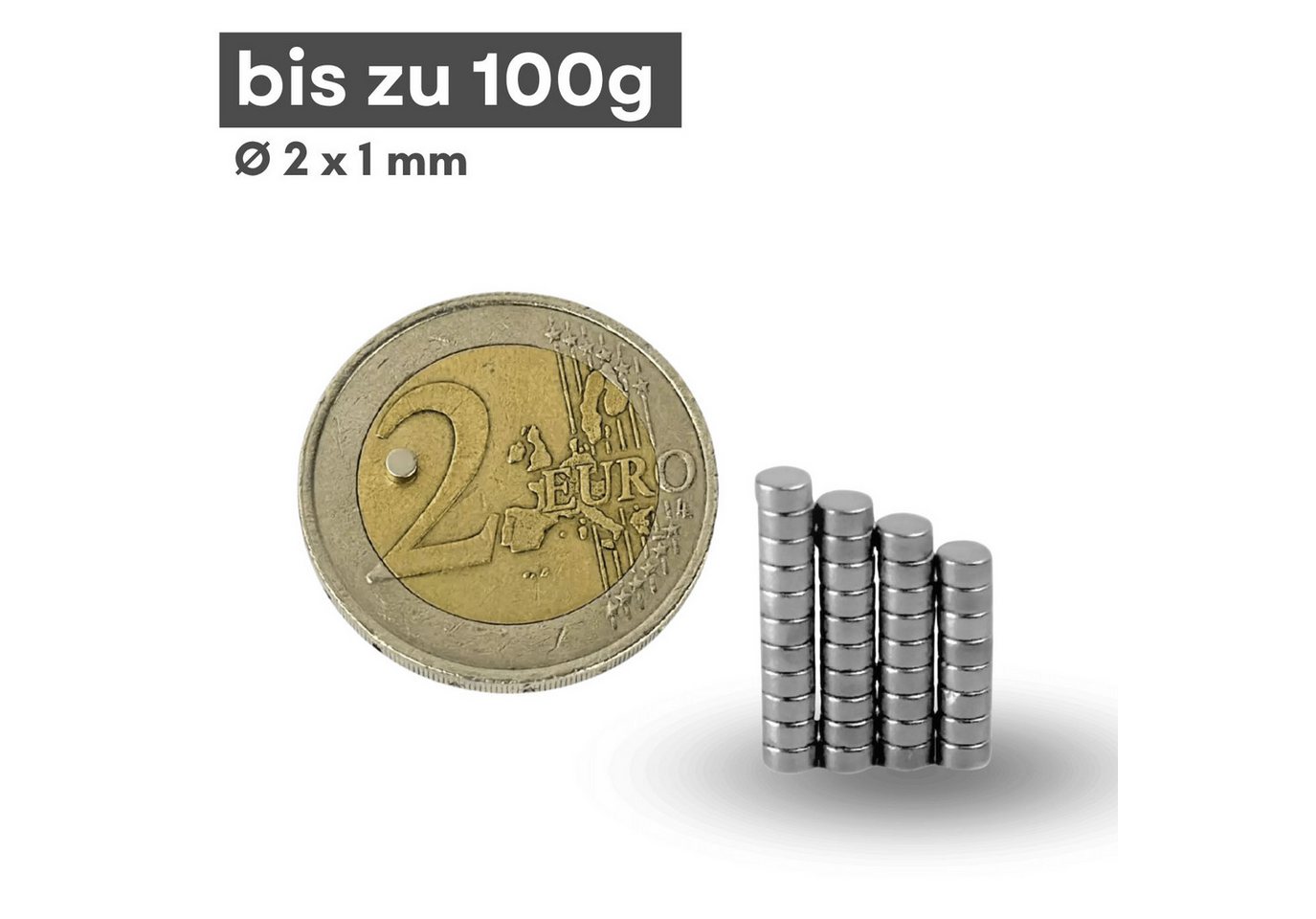 MaajeeKuto Magnet Neodym Magnet Ø2x1 mm N42 Scheibenmagnet 100g Mini Stark (100-St), Werkstoff: NdFeB, Farbe: Silberfarben Bild 4