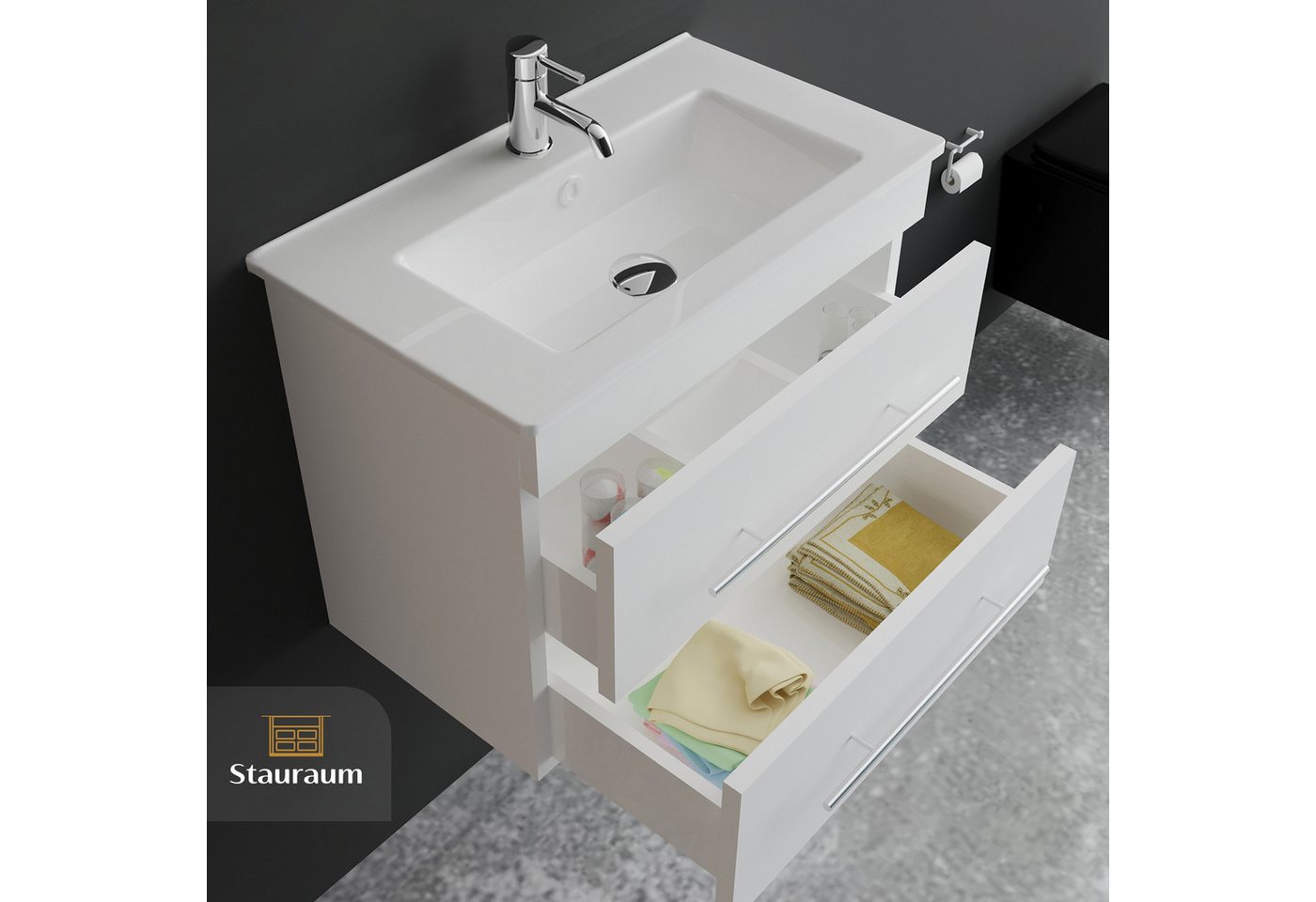 Alpenberger Badmöbel-Set Bad Möbel - Waschbecken mit Unterschrank und Spiegel mit Beleuchtung, (Waschtisch mit Unterschrank Weiß, Badezimmer Möbel Set 60 cm), Waschbecken mit Nano Beschichtung