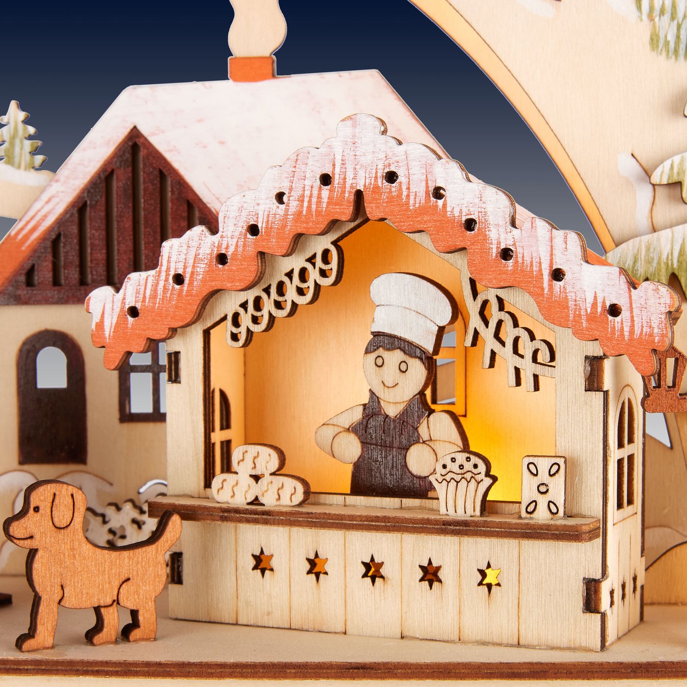 BRUBAKER befüllbarer Adventskalender Weihnachtsdorf - 40 cm Holz Weihnachtskalender + LED Beleuchtung (Adventskalender zum Befüllen mit Bogen - Beleuchtet, 1-tlg), Dorf mit Kindern, Bäckerei, Hund und Wald