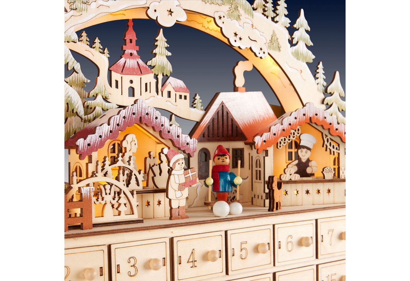 BRUBAKER befüllbarer Adventskalender Weihnachtsdorf - 40 cm Holz Weihnachtskalender + LED Beleuchtung (Adventskalender zum Befüllen mit Bogen - Beleuchtet, 1-tlg), Dorf mit Kindern, Bäckerei, Hund und Wald Bild 2
