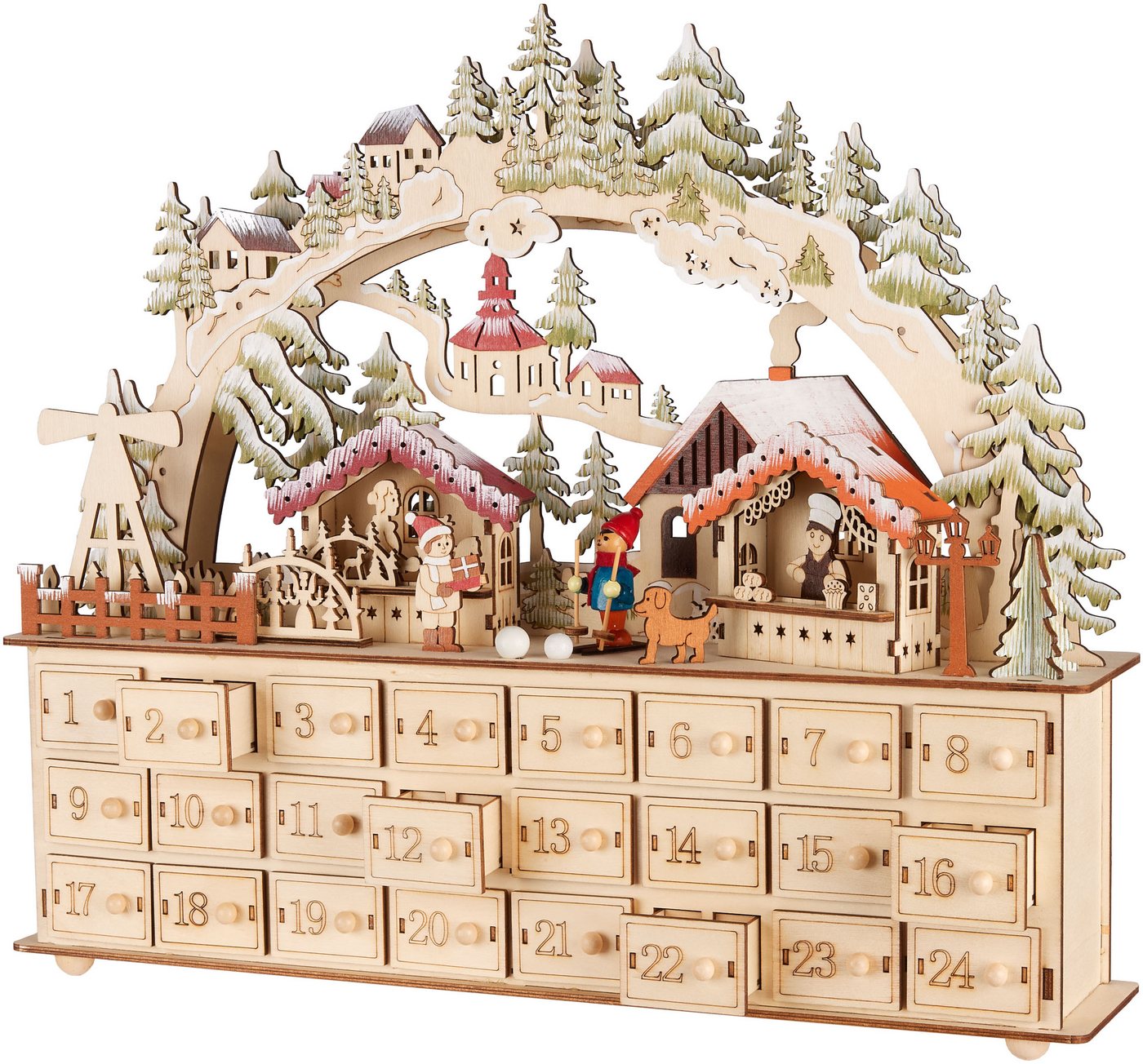 BRUBAKER befüllbarer Adventskalender Weihnachtsdorf - 40 cm Holz Weihnachtskalender + LED Beleuchtung (Adventskalender zum Befüllen mit Bogen - Beleuchtet, 1-tlg), Dorf mit Kindern, Bäckerei, Hund und Wald Bild 3