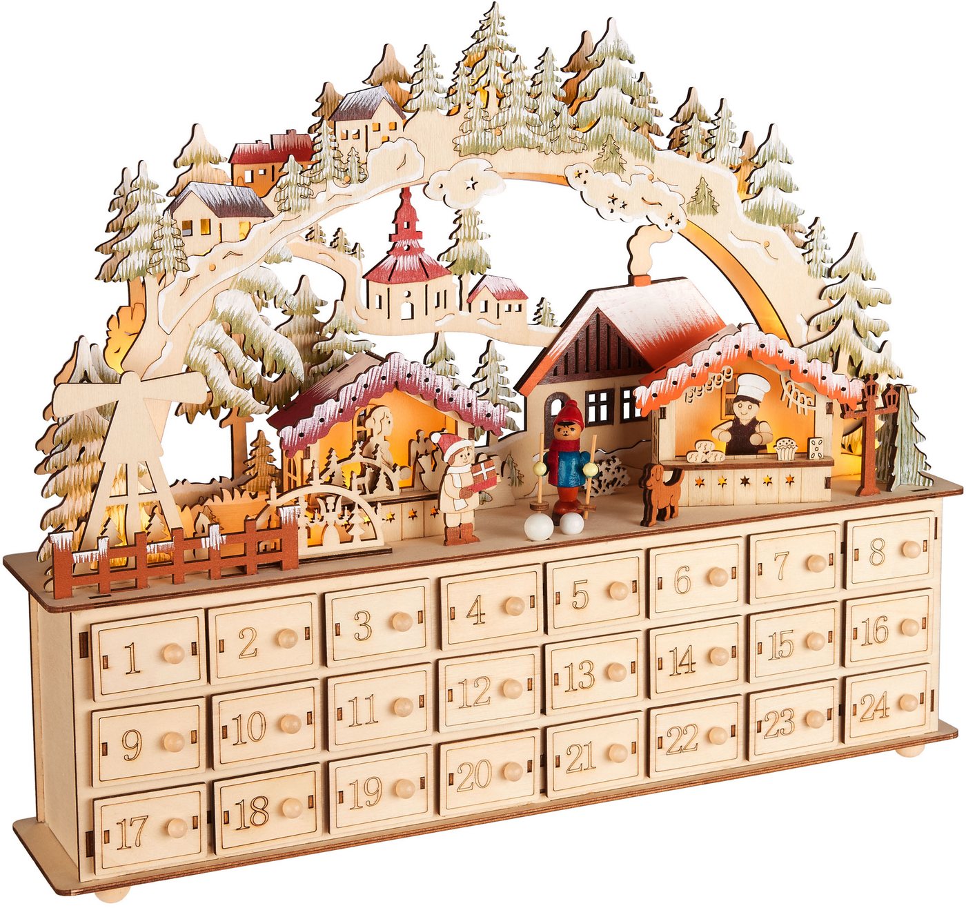 BRUBAKER befüllbarer Adventskalender Weihnachtsdorf - 40 cm Holz Weihnachtskalender + LED Beleuchtung (Adventskalender zum Befüllen mit Bogen - Beleuchtet, 1-tlg), Dorf mit Kindern, Bäckerei, Hund und Wald Bild 5