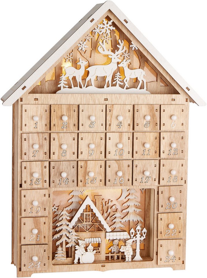 BRUBAKER befüllbarer Adventskalender Weihnachtshaus - 40 cm Holz Weihnachtskalender + LED Beleuchtung (Haus Adventskalender zum Befüllen - Beleuchtet, 1-tlg), Rentiere im Wald, Schnee Dorf mit Kindern Bild 2