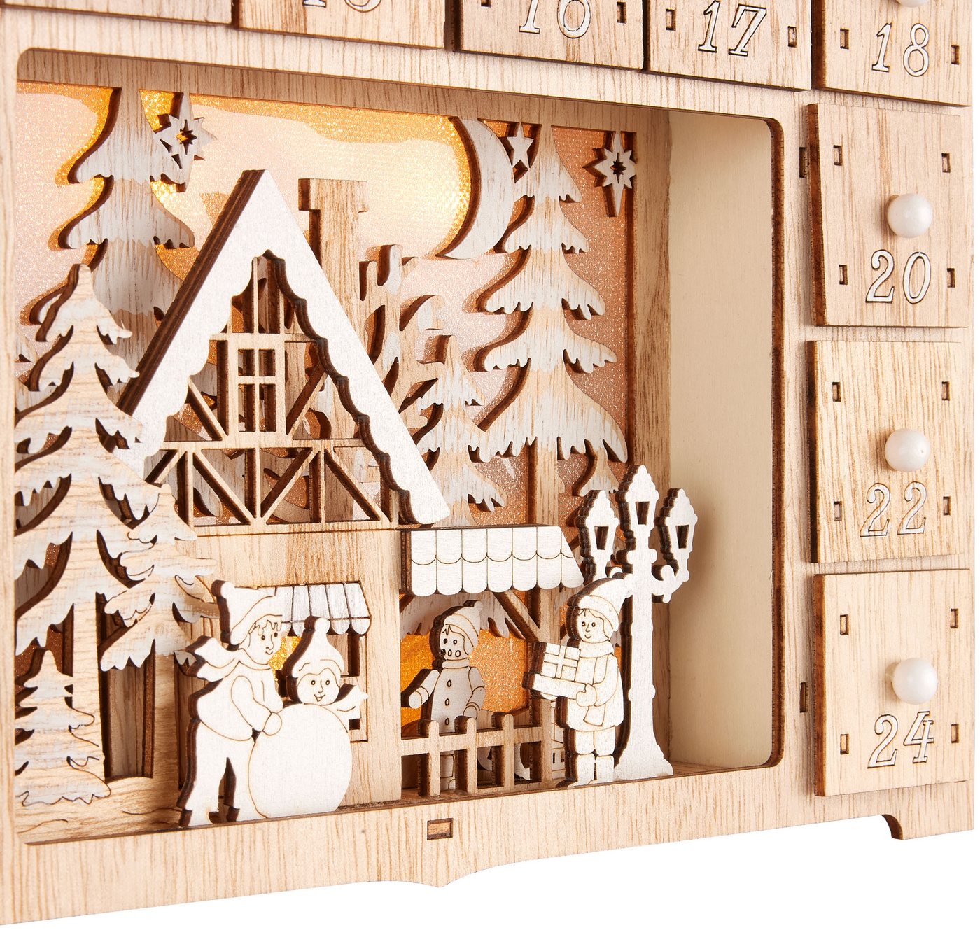 BRUBAKER befüllbarer Adventskalender Weihnachtshaus - 40 cm Holz Weihnachtskalender + LED Beleuchtung (Haus Adventskalender zum Befüllen - Beleuchtet, 1-tlg), Rentiere im Wald, Schnee Dorf mit Kindern Bild 4