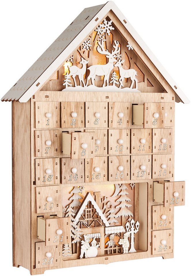 BRUBAKER befüllbarer Adventskalender Weihnachtshaus - 40 cm Holz Weihnachtskalender + LED Beleuchtung (Haus Adventskalender zum Befüllen - Beleuchtet, 1-tlg), Rentiere im Wald, Schnee Dorf mit Kindern Bild 5
