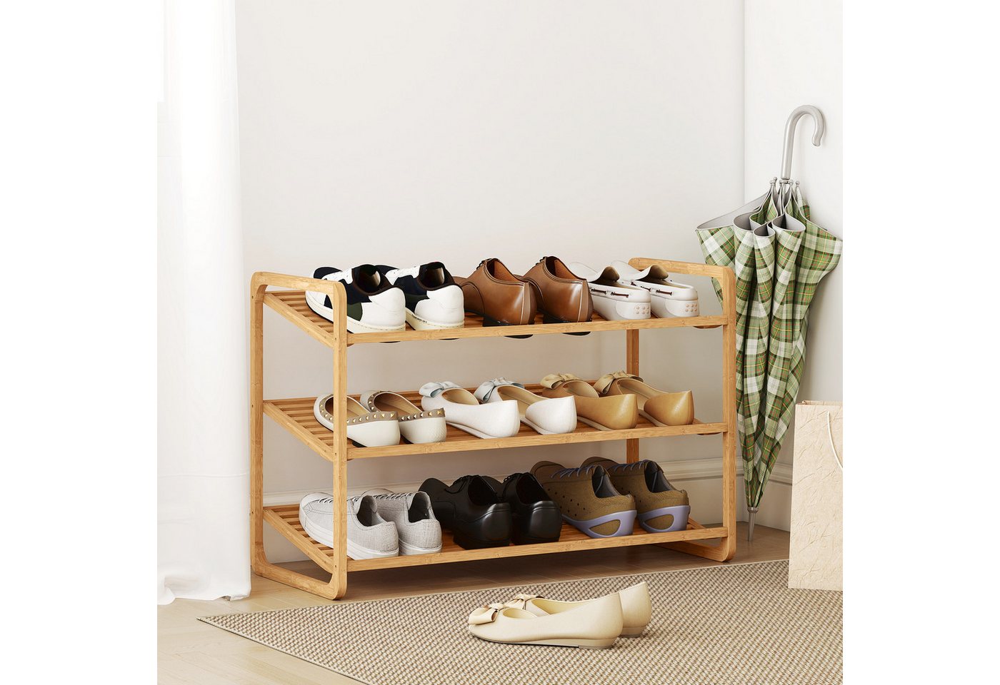 HOMCOM Standregal 3-stöckiges Schuhregal aus Bambus, freistehendes Aufbewahrungsregal für 12 Paar Schuhe 1-tlg., Schuhregalständer für Flur, Wohnzimmer, 76 x 33 x 50,8 cm, Naturholz