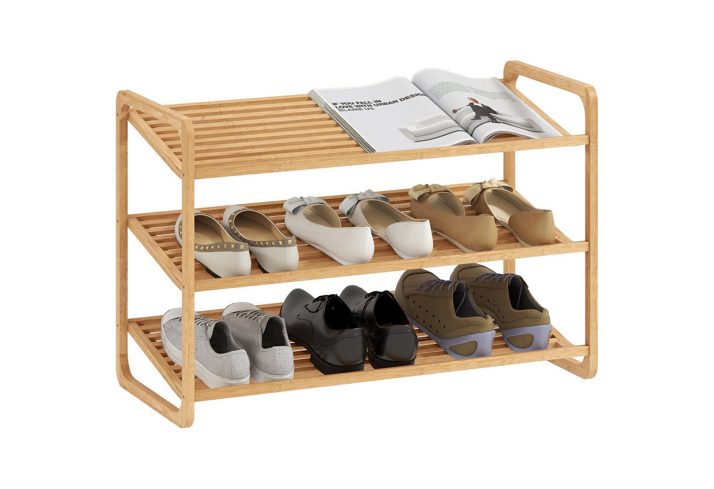 HOMCOM Standregal 3-stöckiges Schuhregal aus Bambus, freistehendes Aufbewahrungsregal für 12 Paar Schuhe 1-tlg., Schuhregalständer für Flur, Wohnzimmer, 76 x 33 x 50,8 cm, Naturholz Bild 2