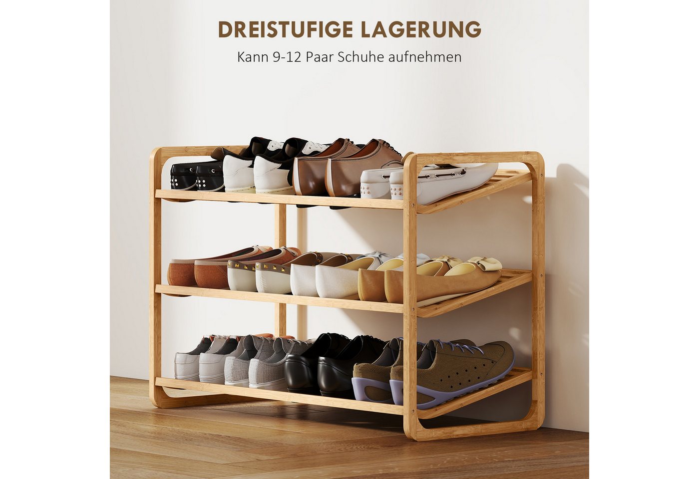 HOMCOM Standregal 3-stöckiges Schuhregal aus Bambus, freistehendes Aufbewahrungsregal für 12 Paar Schuhe 1-tlg., Schuhregalständer für Flur, Wohnzimmer, 76 x 33 x 50,8 cm, Naturholz Bild 3