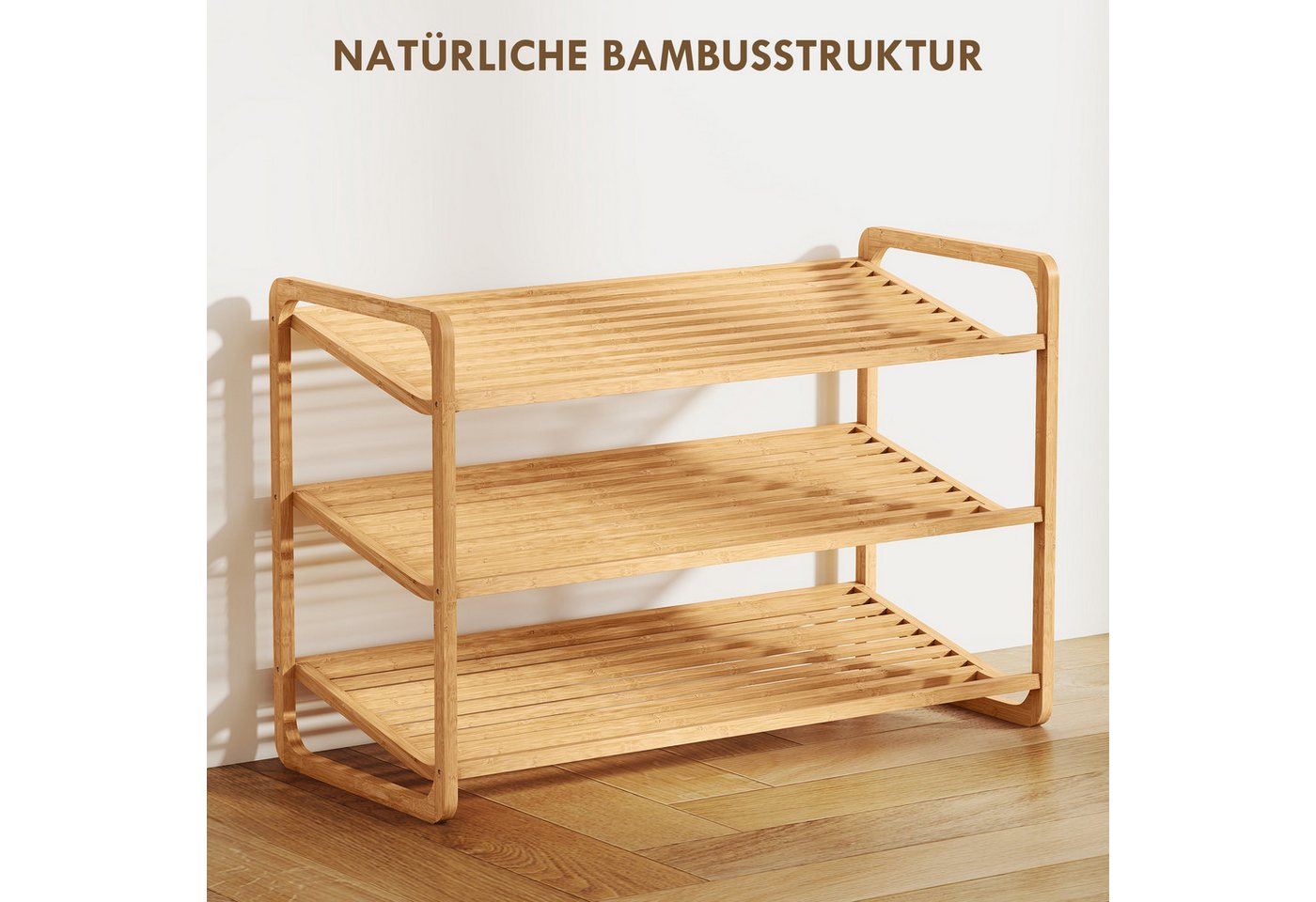 HOMCOM Standregal 3-stöckiges Schuhregal aus Bambus, freistehendes Aufbewahrungsregal für 12 Paar Schuhe 1-tlg., Schuhregalständer für Flur, Wohnzimmer, 76 x 33 x 50,8 cm, Naturholz Bild 4