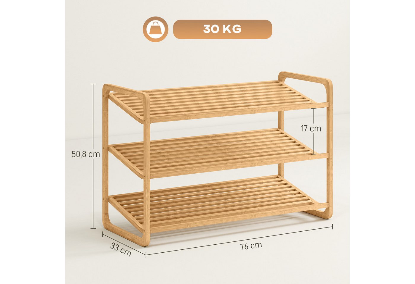 HOMCOM Standregal 3-stöckiges Schuhregal aus Bambus, freistehendes Aufbewahrungsregal für 12 Paar Schuhe 1-tlg., Schuhregalständer für Flur, Wohnzimmer, 76 x 33 x 50,8 cm, Naturholz Bild 5