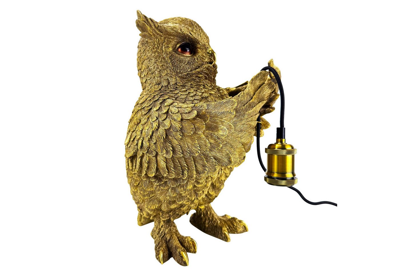 Online-Fuchs Tischleuchte - imposante Dekolampe goldene Eule für Wohnzimmer & Sideboard, E27 Glühbirne wechselbar, indirekte Beleuchtung, auch als Nachttischlampe bestens geeignet - 36 cm groß