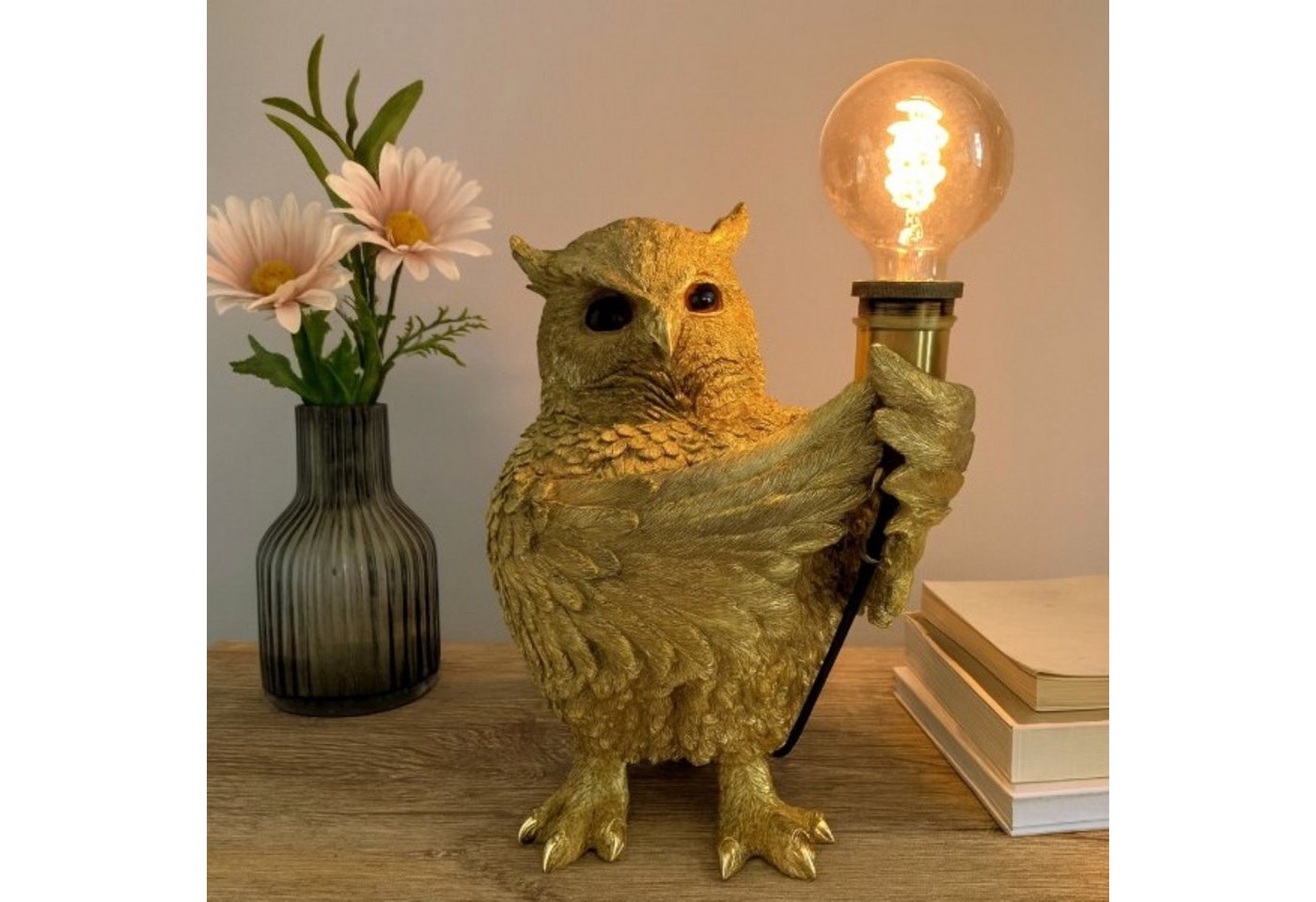 Online-Fuchs Tischleuchte - imposante Dekolampe goldene Eule für Wohnzimmer & Sideboard, E27 Glühbirne wechselbar, indirekte Beleuchtung, auch als Nachttischlampe bestens geeignet - 36 cm groß Bild 4