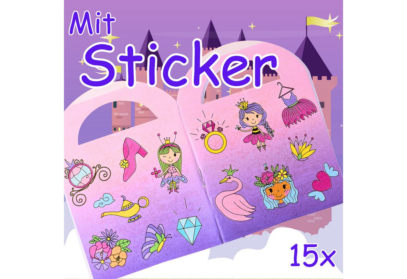 TE-Trend Stickerbuch 12 Stück Prinzessin Motiv Malheft Ausmalheft Set mit je 15 Sticker, mit 15 Prinzessin-Sticker Bild 2