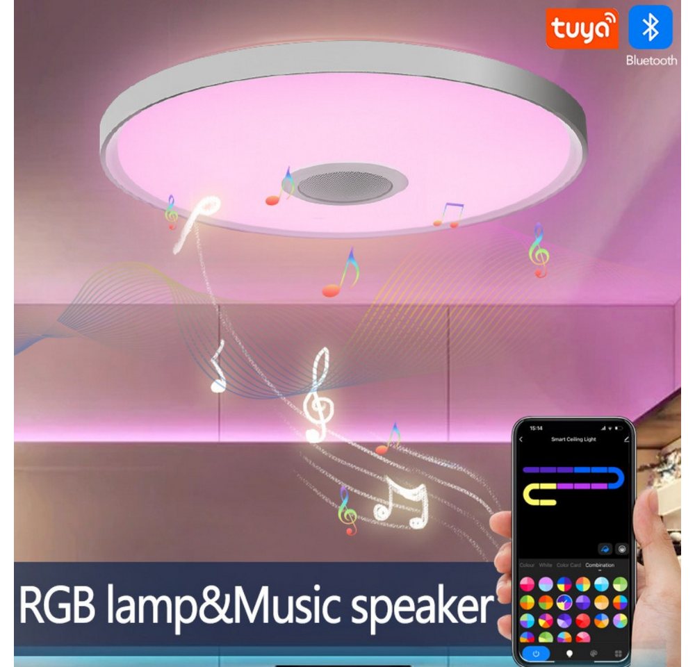 POPOLIC Deckenleuchte LED Deckenlampe RGB Bluetooth Lautsprecher Fernbedienung APP-Steuerung, LED fest integriert, Dimmbar mit Fernbedienung und APP-Steuerung, Kaltweiß/Naturweiß/Warmweiß, RGB, für Schlafzimmer,Wohnzimme,Kinderzimmer,Party Bild 2