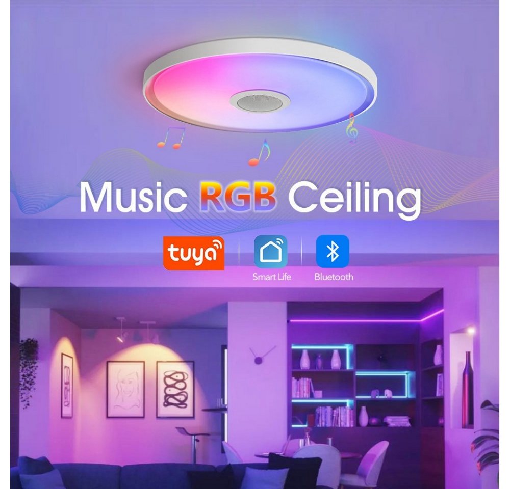POPOLIC Deckenleuchte LED Deckenlampe RGB Bluetooth Lautsprecher Fernbedienung APP-Steuerung, LED fest integriert, Dimmbar mit Fernbedienung und APP-Steuerung, Kaltweiß/Naturweiß/Warmweiß, RGB, für Schlafzimmer,Wohnzimme,Kinderzimmer,Party Bild 5