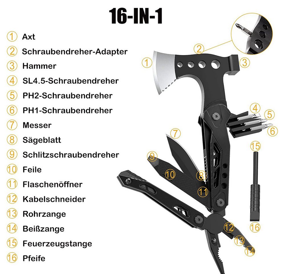 AFKSMILE Multitool Multitool 16 in 1 Camping Gadgets Survival Kit, Multifunktionswerkzeug, Mit Axt, Zange, Klappmesser, Schraubendreher, Flaschenöffner Bild 5