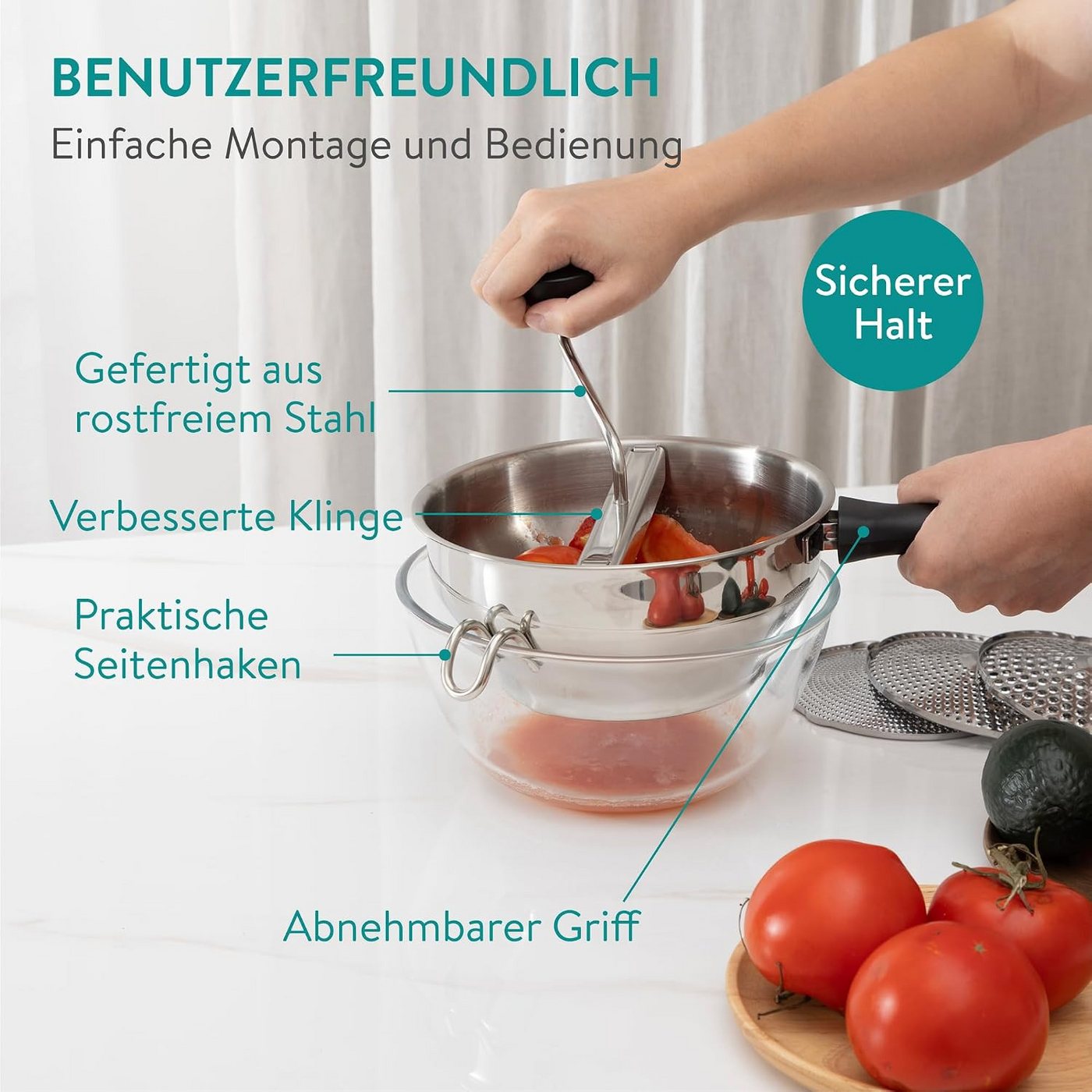 Navaris Passiermühle Navaris Passiergerät Edelstahl 2,3 L mit 4 Siebeinsätzen, Edelstahl Bild 2