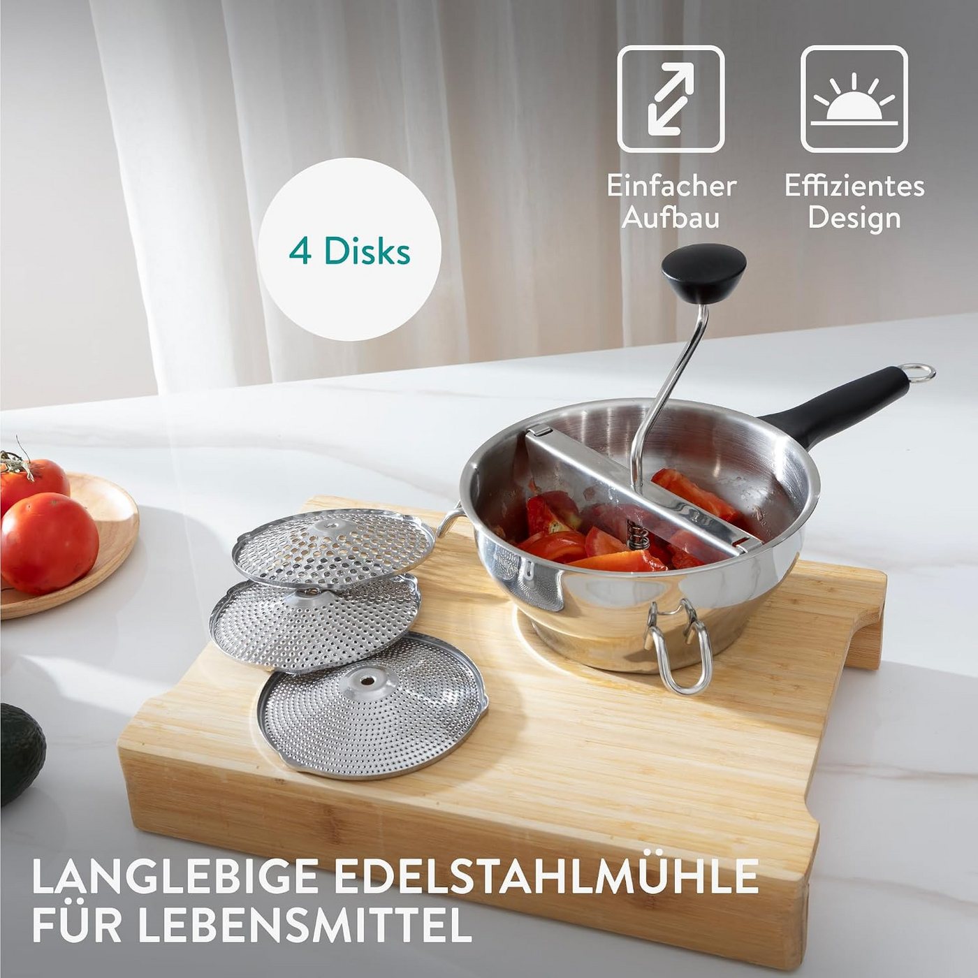 Navaris Passiermühle Navaris Passiergerät Edelstahl 2,3 L mit 4 Siebeinsätzen, Edelstahl Bild 4