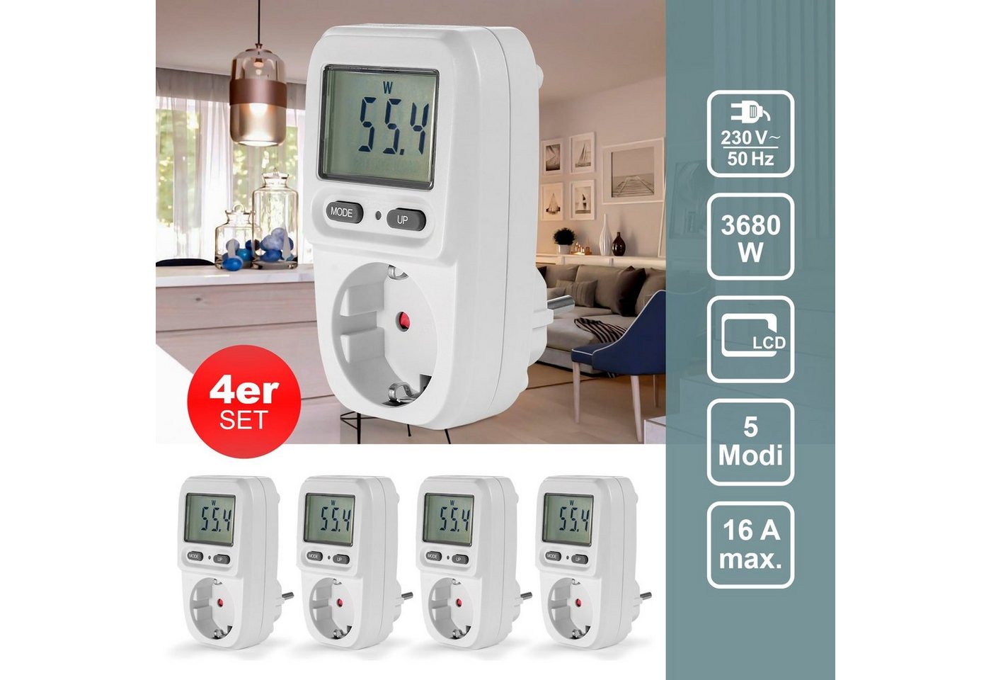 EAXUS Stromverbrauchszähler Energiekostenmessgerät Steckdose mit Display bis 3680 Watt, 4-tlg., Zeigt Stromkosten direkt an, mit Memory-Funktion, einfache Bedienung Bild 2