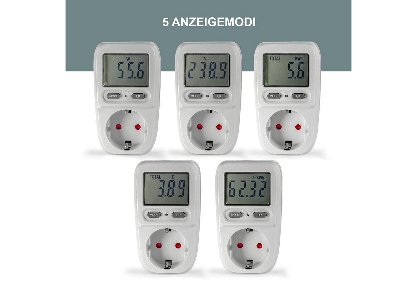EAXUS Stromverbrauchszähler Energiekostenmessgerät Steckdose mit Display bis 3680 Watt, 4-tlg., Zeigt Stromkosten direkt an, mit Memory-Funktion, einfache Bedienung Bild 5