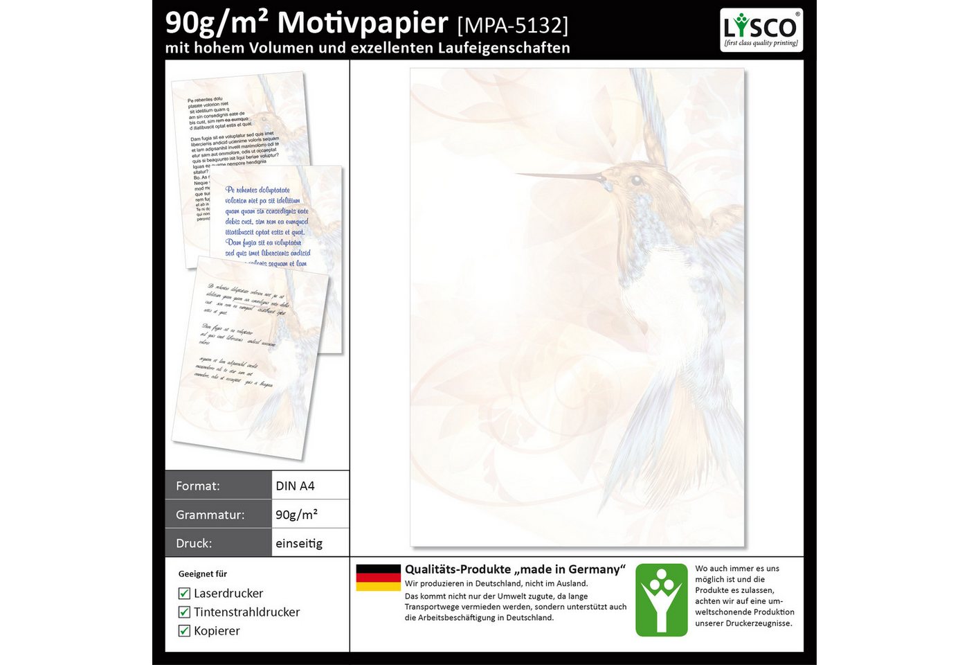 LYSCO Briefpapier Motivpapier Vögel DIN A4, gut beschreibbar, ländliches Flair, für alle Drucker geeignet. Bild 3