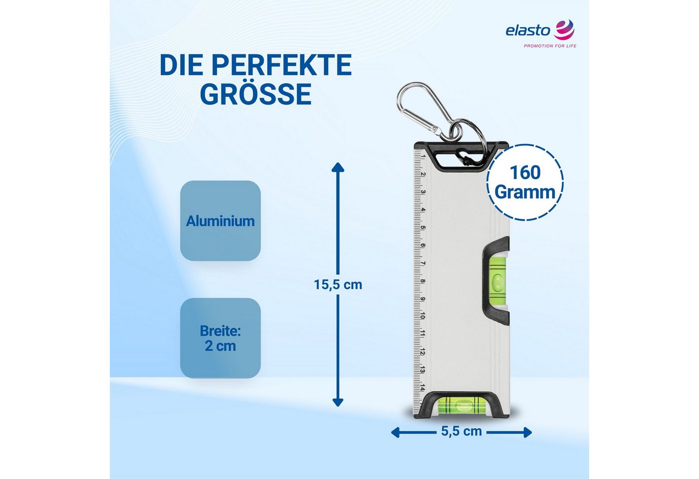 elasto Wasserwaage Magnetische Mini Wasserwaage 15,5 cm mit Karabiner