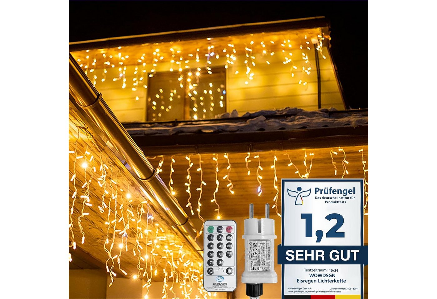 WOWDSGN LED Solarleuchte 15m 660 LED Dachrinnen Lichterkette Warmweiß, 8 Modi Fernbedienung, 5m Leitung, steckbar – für Außen & Dach Bild 2