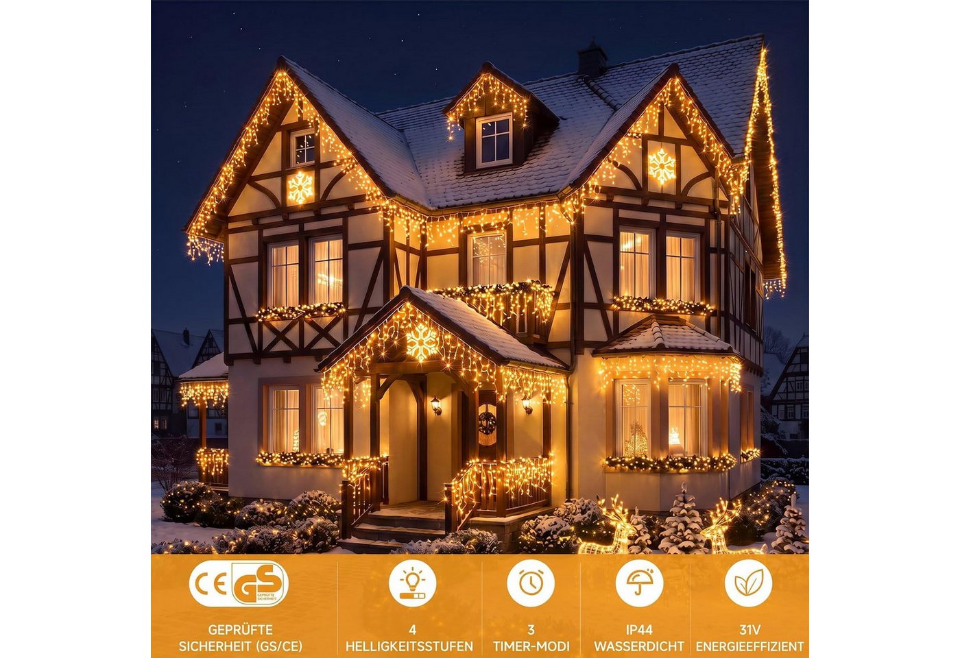 WOWDSGN LED Solarleuchte 15m 660 LED Dachrinnen Lichterkette Warmweiß, 8 Modi Fernbedienung, 5m Leitung, steckbar – für Außen & Dach Bild 3