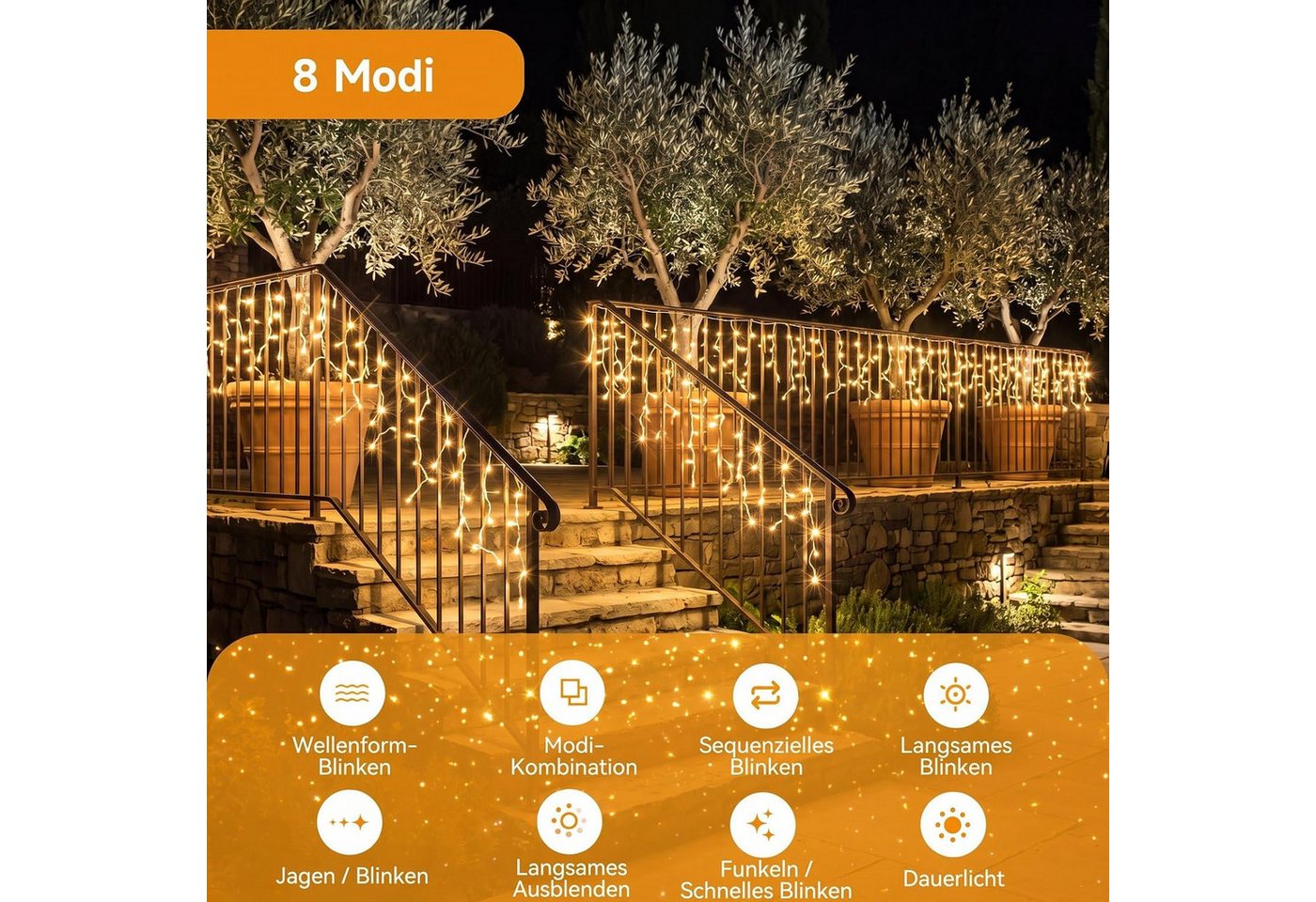 WOWDSGN LED Solarleuchte 15m 660 LED Dachrinnen Lichterkette Warmweiß, 8 Modi Fernbedienung, 5m Leitung, steckbar – für Außen & Dach Bild 4