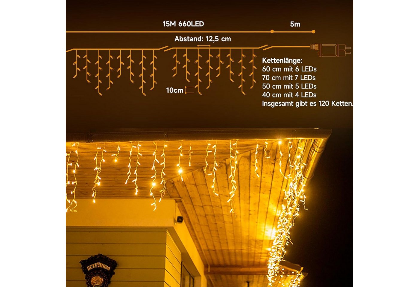 WOWDSGN LED Solarleuchte 15m 660 LED Dachrinnen Lichterkette Warmweiß, 8 Modi Fernbedienung, 5m Leitung, steckbar – für Außen & Dach Bild 5
