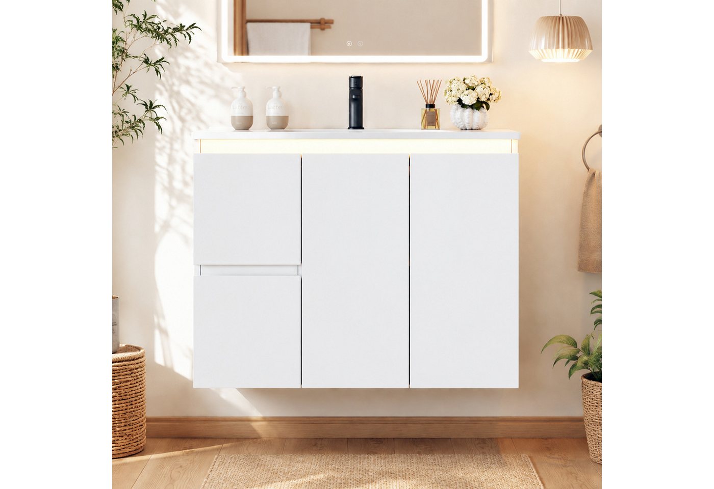 Flieks Waschtisch mit LED-Radarsensor Waschbeckenunterschrank inkl. Waschbecken (wandhängend, Badschrank mit verstellbarer Ablagen, Led-Beleuchtung, Soft-Close-Funktion, 1-St., B76/T47/H57 cm), Badmöbel Badezimmerschrank mit 2 Schubladen und Fächer Weiß