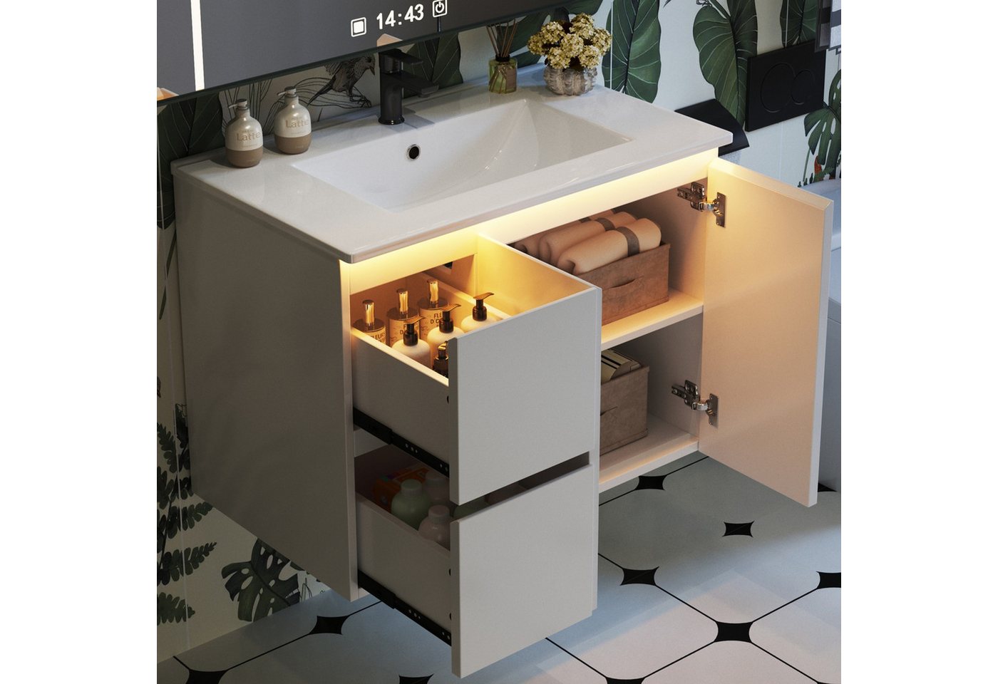 Flieks Waschtisch mit LED-Radarsensor Waschbeckenunterschrank inkl. Waschbecken (wandhängend, Badschrank mit verstellbarer Ablagen, Led-Beleuchtung, Soft-Close-Funktion, 1-St., B76/T47/H57 cm), Badmöbel Badezimmerschrank mit 2 Schubladen und Fächer Weiß Bild 2