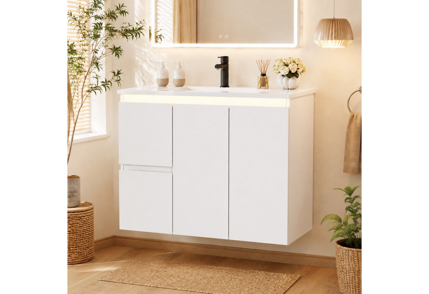 Flieks Waschtisch mit LED-Radarsensor Waschbeckenunterschrank inkl. Waschbecken (wandhängend, Badschrank mit verstellbarer Ablagen, Led-Beleuchtung, Soft-Close-Funktion, 1-St., B76/T47/H57 cm), Badmöbel Badezimmerschrank mit 2 Schubladen und Fächer Weiß Bild 4