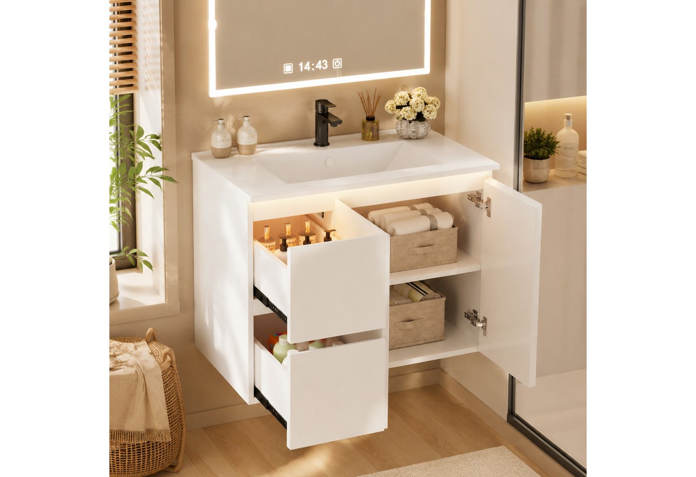 Flieks Waschtisch mit LED-Radarsensor Waschbeckenunterschrank inkl. Waschbecken (wandhängend, Badschrank mit verstellbarer Ablagen, Led-Beleuchtung, Soft-Close-Funktion, 1-St., B76/T47/H57 cm), Badmöbel Badezimmerschrank mit 2 Schubladen und Fächer Weiß Bild 5