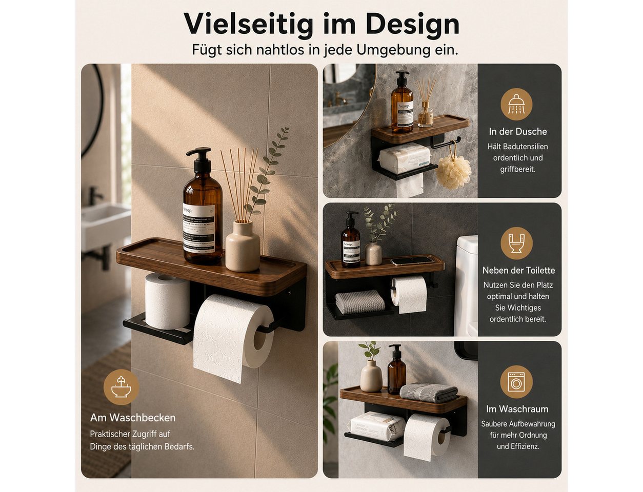 Diwzbyn Toilettenpapierhalter Toilettenpapierhalter mit Holzablage, SUS304 Edelstahl, Walnussablage, Selbstklebend oder Schraubmontage