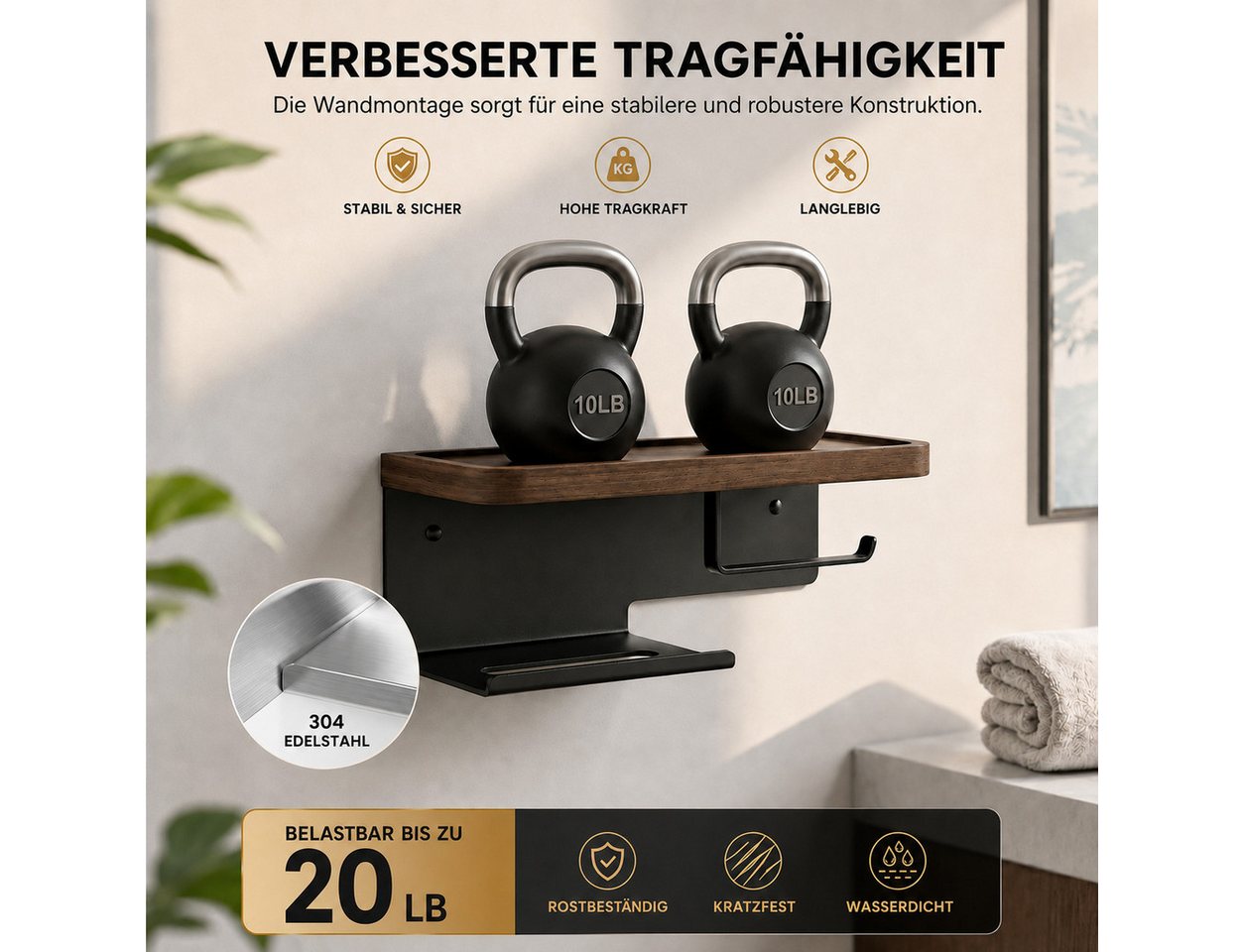 Diwzbyn Toilettenpapierhalter Toilettenpapierhalter mit Holzablage, SUS304 Edelstahl, Walnussablage, Selbstklebend oder Schraubmontage Bild 2