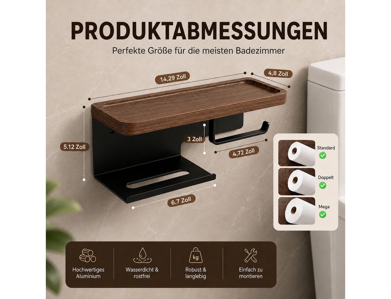 Diwzbyn Toilettenpapierhalter Toilettenpapierhalter mit Holzablage, SUS304 Edelstahl, Walnussablage, Selbstklebend oder Schraubmontage Bild 4