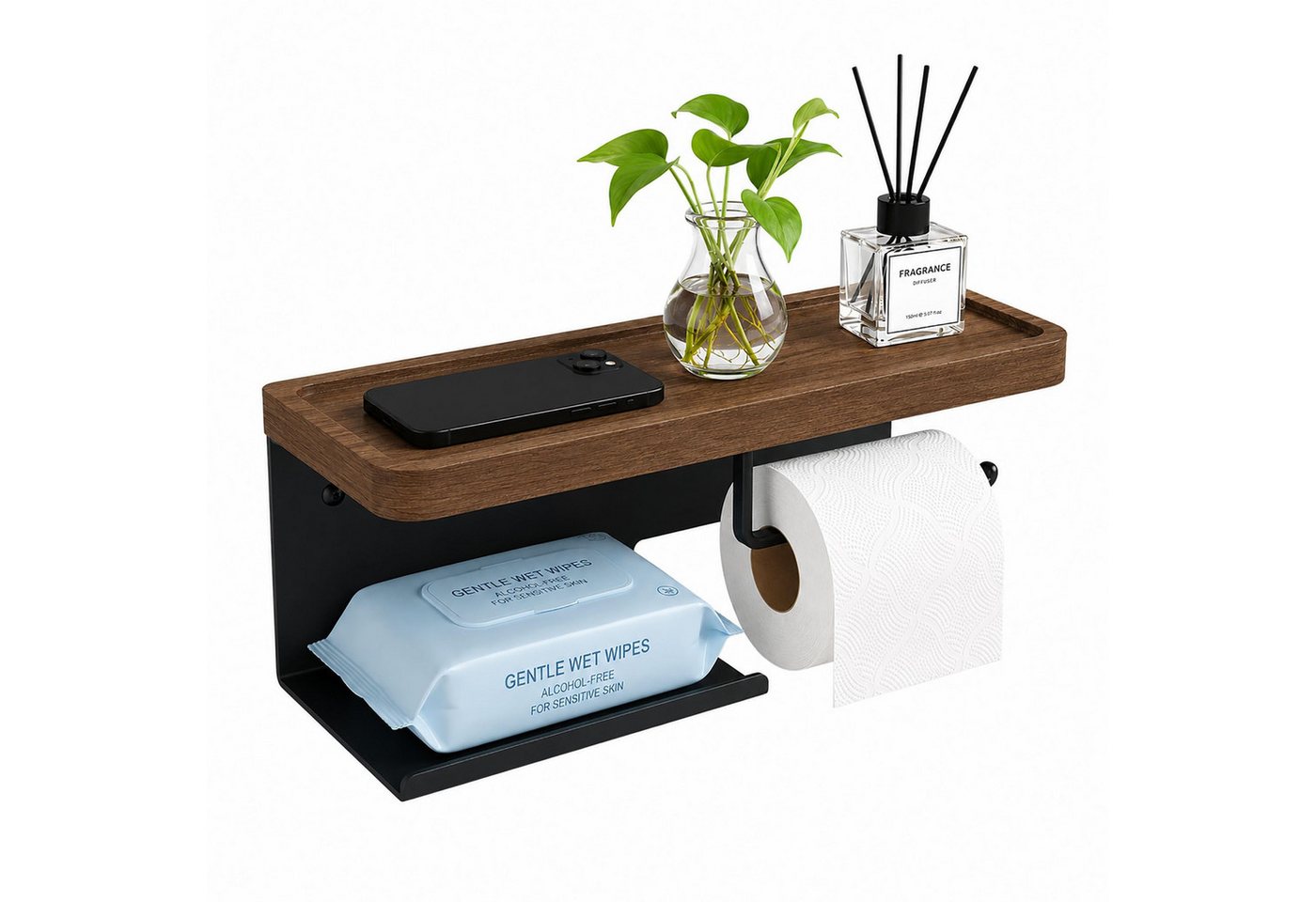 Diwzbyn Toilettenpapierhalter Toilettenpapierhalter mit Holzablage, SUS304 Edelstahl, Walnussablage, Selbstklebend oder Schraubmontage Bild 5