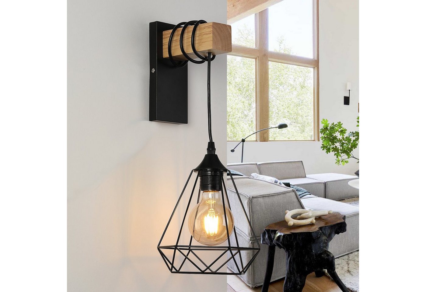 oyajia Wandleuchte Wandlampe im Industrial Design, Retro Wandleuchte aus Stahl und Holz, LED wechselbar, E27-Fassung Höhenverstellbar Pendellampe Flurleuchte ohne Leuchtmittel